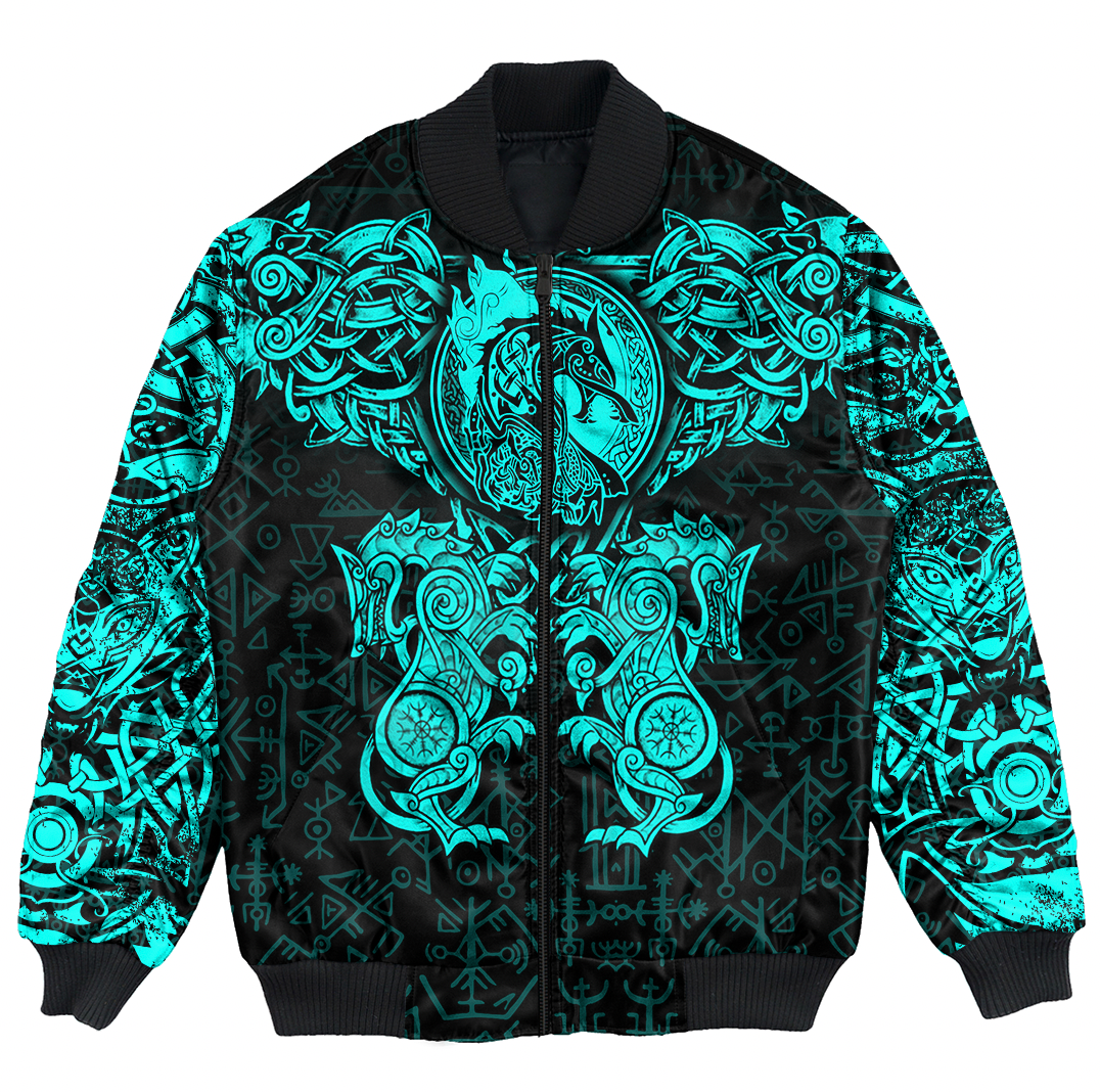 Viking Clothing Viking Dragon and Wolf Tattoo Cyan Bomber Jacket RLT12 - Wonder Print Shop