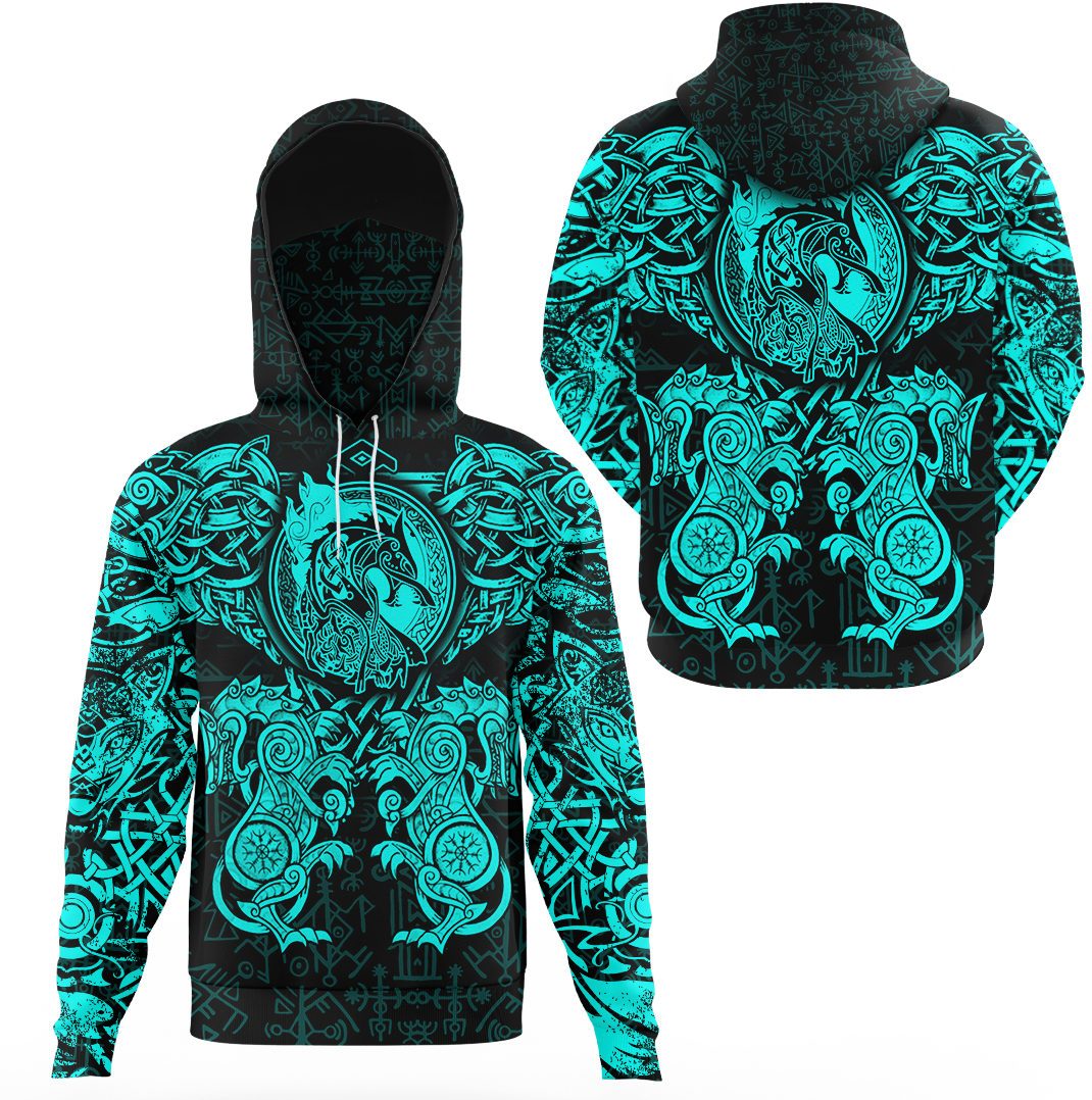 Viking Clothing Viking Dragon and Wolf Tattoo Cyan Hoodie Gaiter RLT12 - Wonder Print Shop