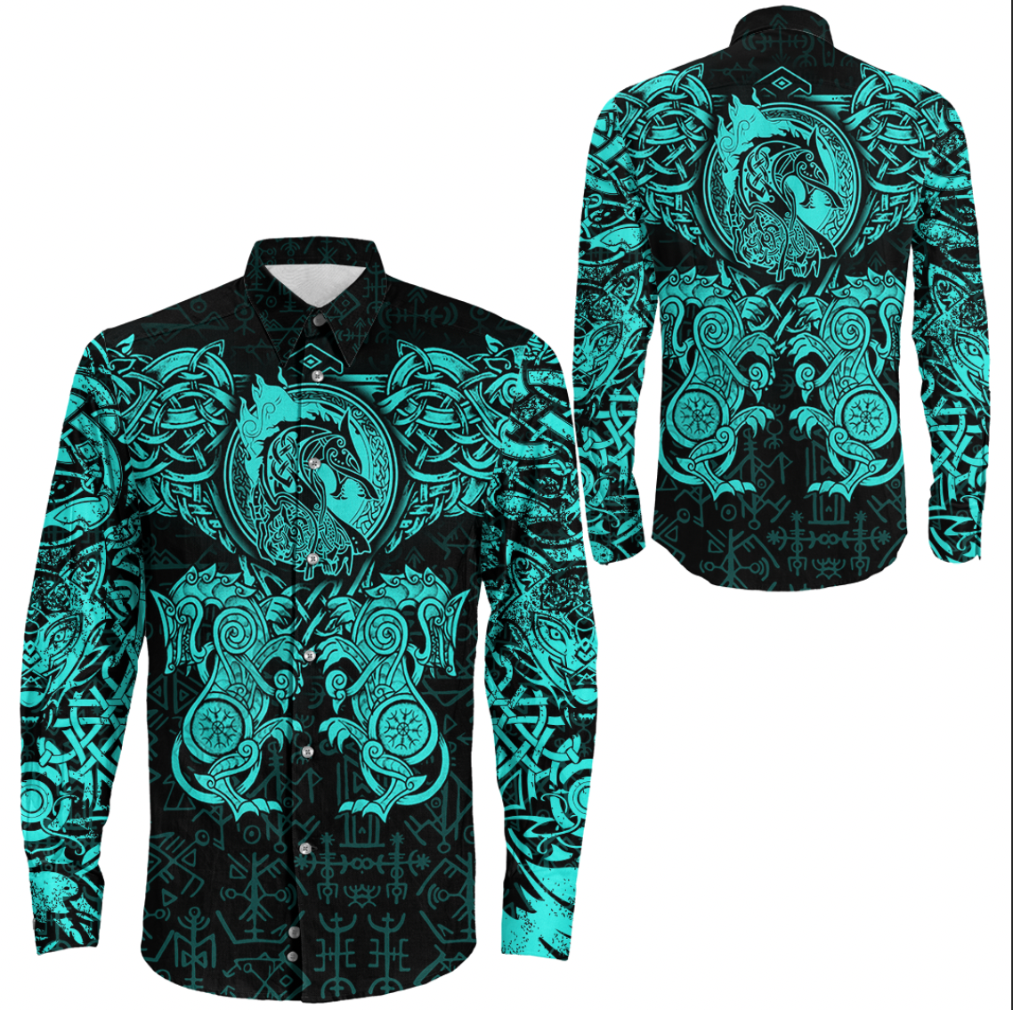 Viking Clothing Viking Dragon and Wolf Tattoo Cyan Long Sleeve Button Shirt RLT12 - Wonder Print Shop