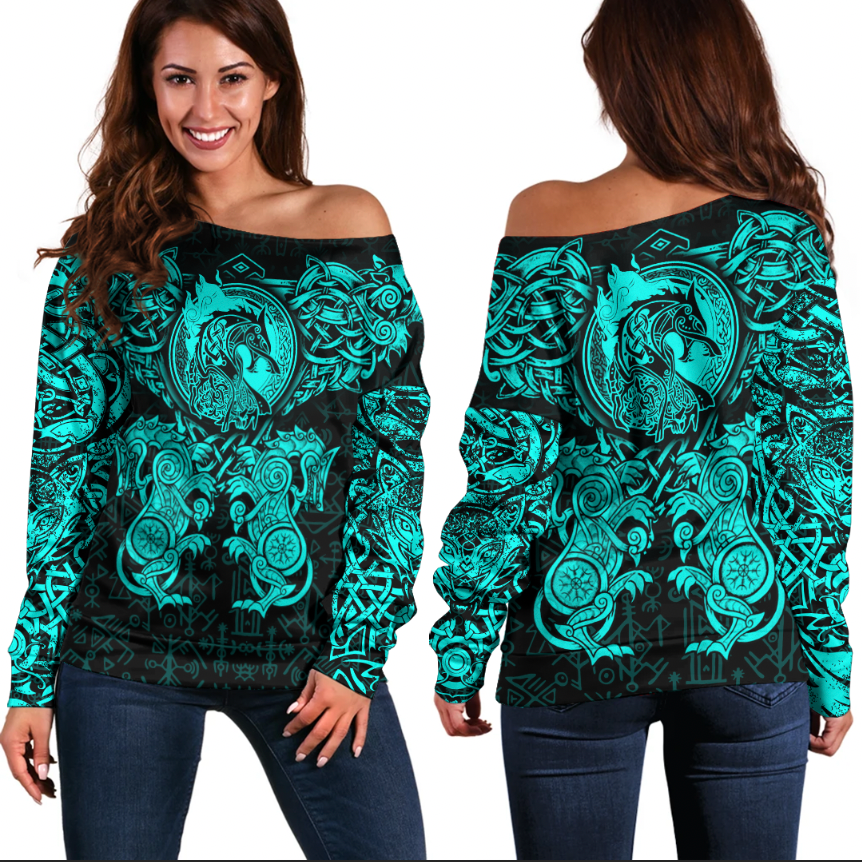 Viking Clothing Viking Dragon and Wolf Tattoo Cyan Off Shoulder Sweater RLT12 - Wonder Print Shop