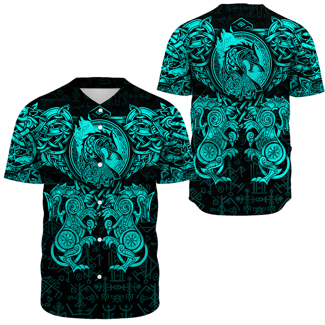 Viking Clothing Viking Dragon and Wolf Tattoo Cyan Baseball Jersey RLT12 - Wonder Print Shop