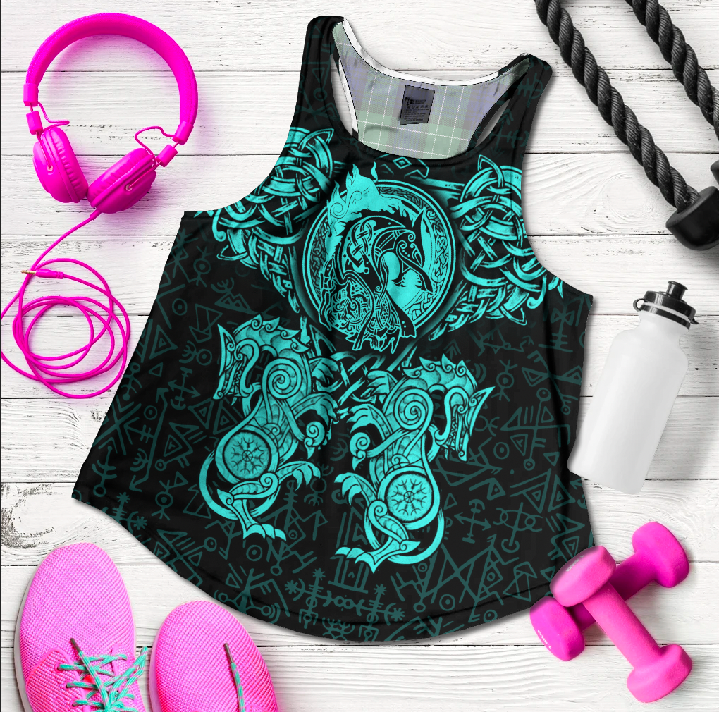 viking-clothing-viking-dragon-and-wolf-tattoo-cyan-womens-racerback-tank