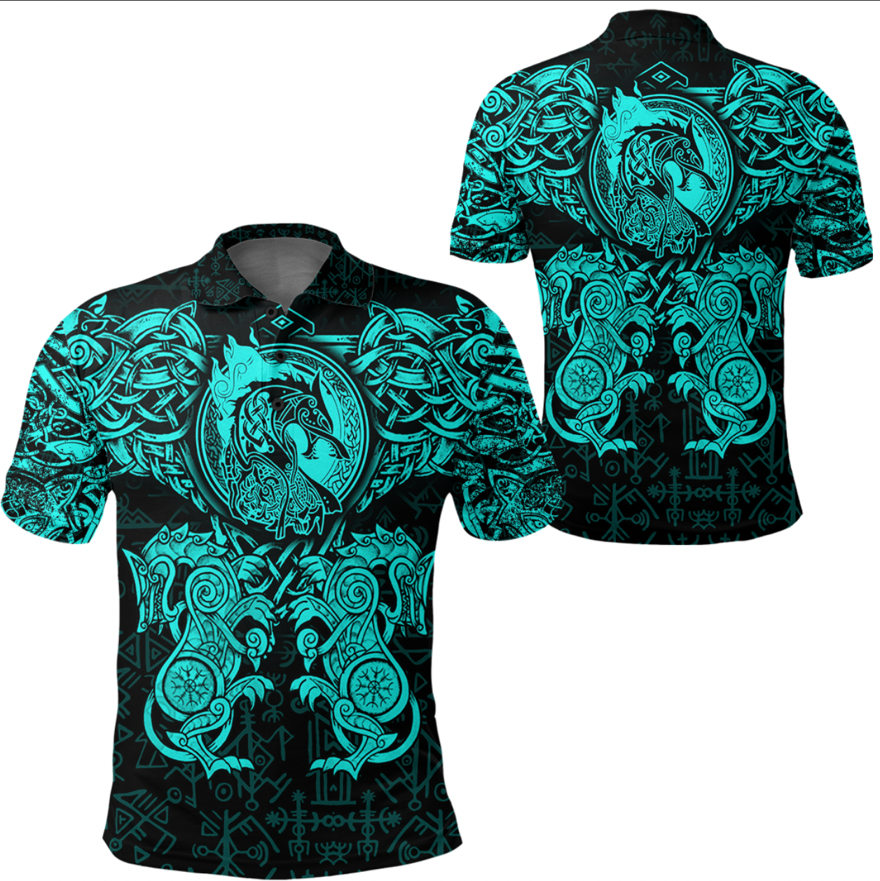 Viking Clothing Viking Dragon and Wolf Tattoo Cyan Polo Shirt RLT12 - Wonder Print Shop