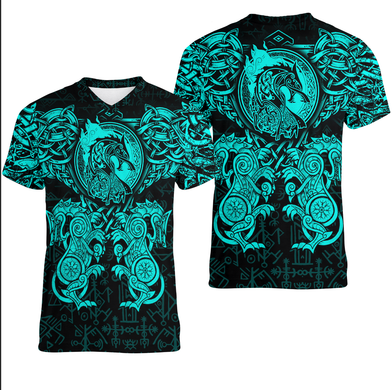 viking-clothing-viking-dragon-and-wolf-tattoo-cyan-v-neck-t-shirt