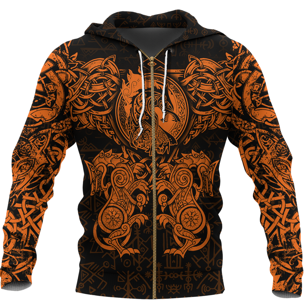 Viking Clothing Viking Dragon and Wolf Tattoo Orange Zip Hoodie RLT12 - Wonder Print Shop