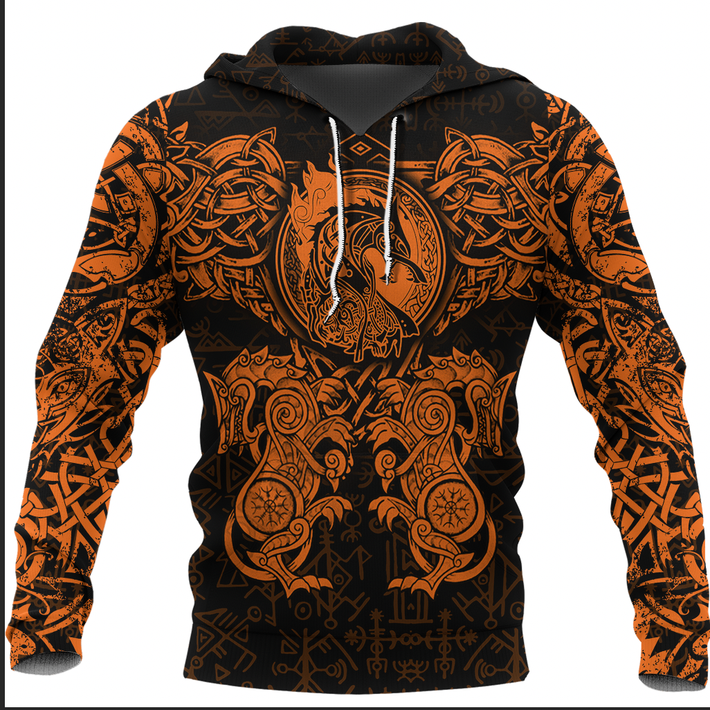 Viking Clothing Viking Dragon and Wolf Tattoo Orange Hoodie RLT12 - Wonder Print Shop