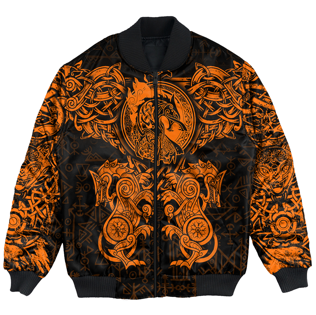 Viking Clothing Viking Dragon and Wolf Tattoo Orange Bomber Jacket RLT12 - Wonder Print Shop