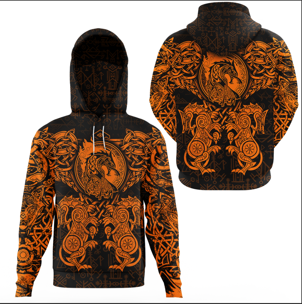 Viking Clothing Viking Dragon and Wolf Tattoo Orange Hoodie Gaiter RLT12 - Wonder Print Shop