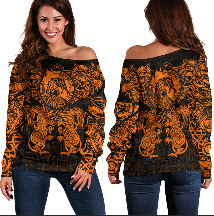 Viking Clothing Viking Dragon and Wolf Tattoo Orange Off Shoulder Sweater RLT12 - Wonder Print Shop