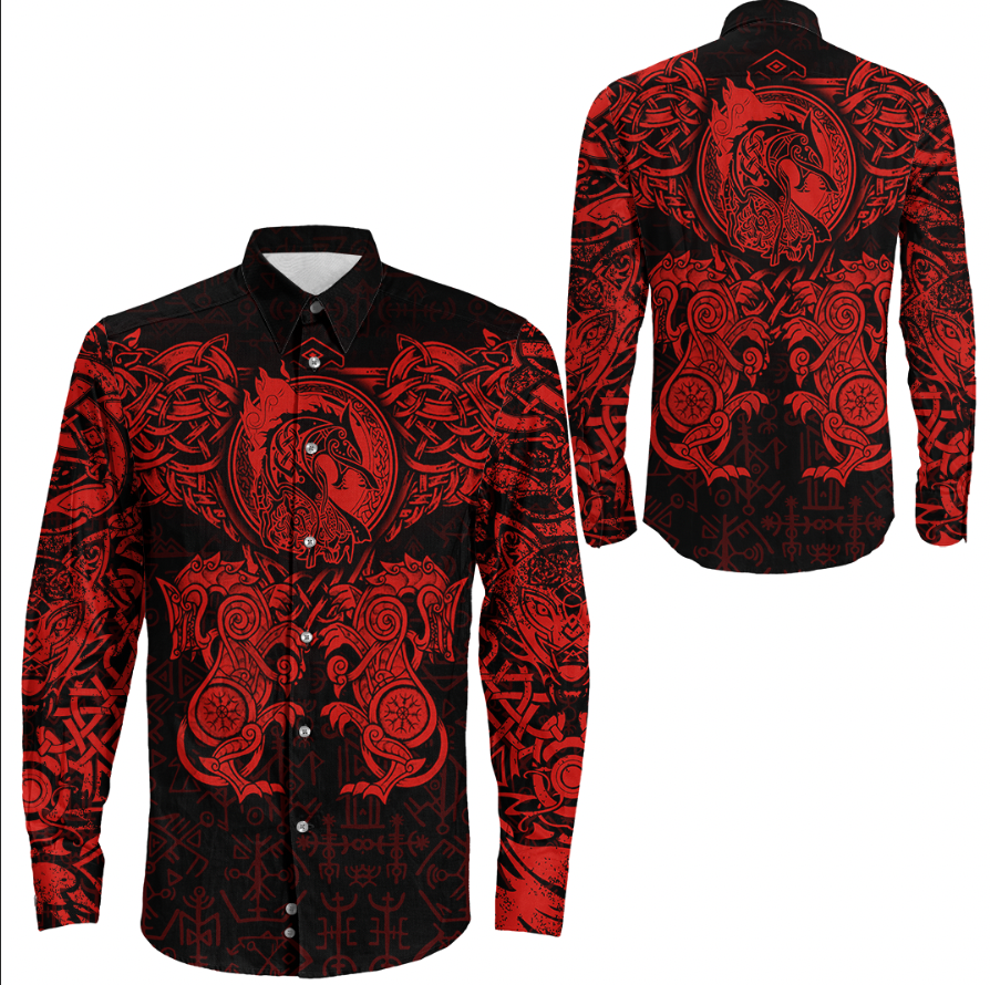 Viking Clothing Viking Dragon and Wolf Tattoo Red Long Sleeve Button Shirt RLT12 - Wonder Print Shop