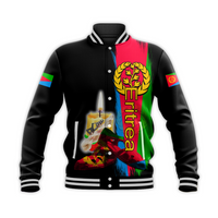 Black unisex baseball jacket with ribbed collar, snap buttons, and bold front graphic