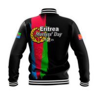 Black unisex baseball jacket back view with ribbed collar and large Eritrea Day graphic