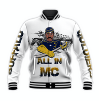 White unisex baseball jacket with striped rib collar and cuffs; front military graphic