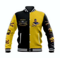Black/gold varsity baseball jacket, ribbed collar, snap front, chest graphic