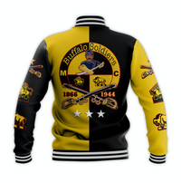 Back view: black and gold varsity jacket with Buffalo Soldiers circular emblem