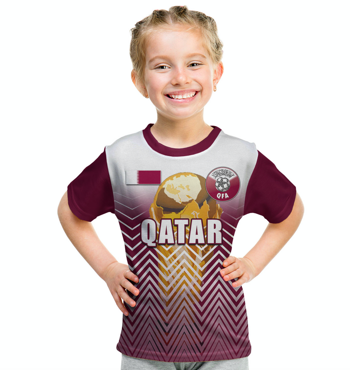 Kids sports T-shirt with maroon sleeves, gray body, Qatar globe and QFA badge