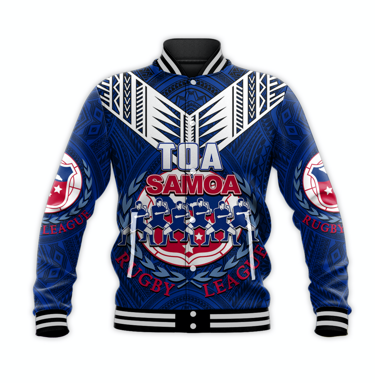 Blue rugby baseball jacket with white panel shoulders, ribbed cuffs, and red graphics
