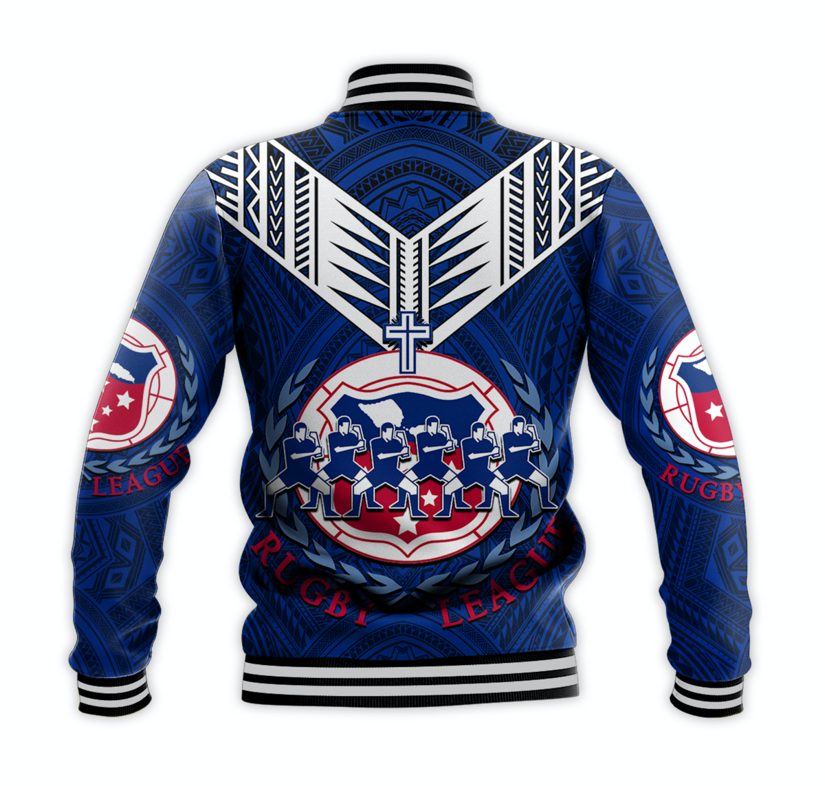 Blue rugby baseball jacket back view with white wings, crest emblem, and ribbed hem