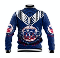 Blue rugby baseball jacket back view with white wings, crest emblem, and ribbed hem
