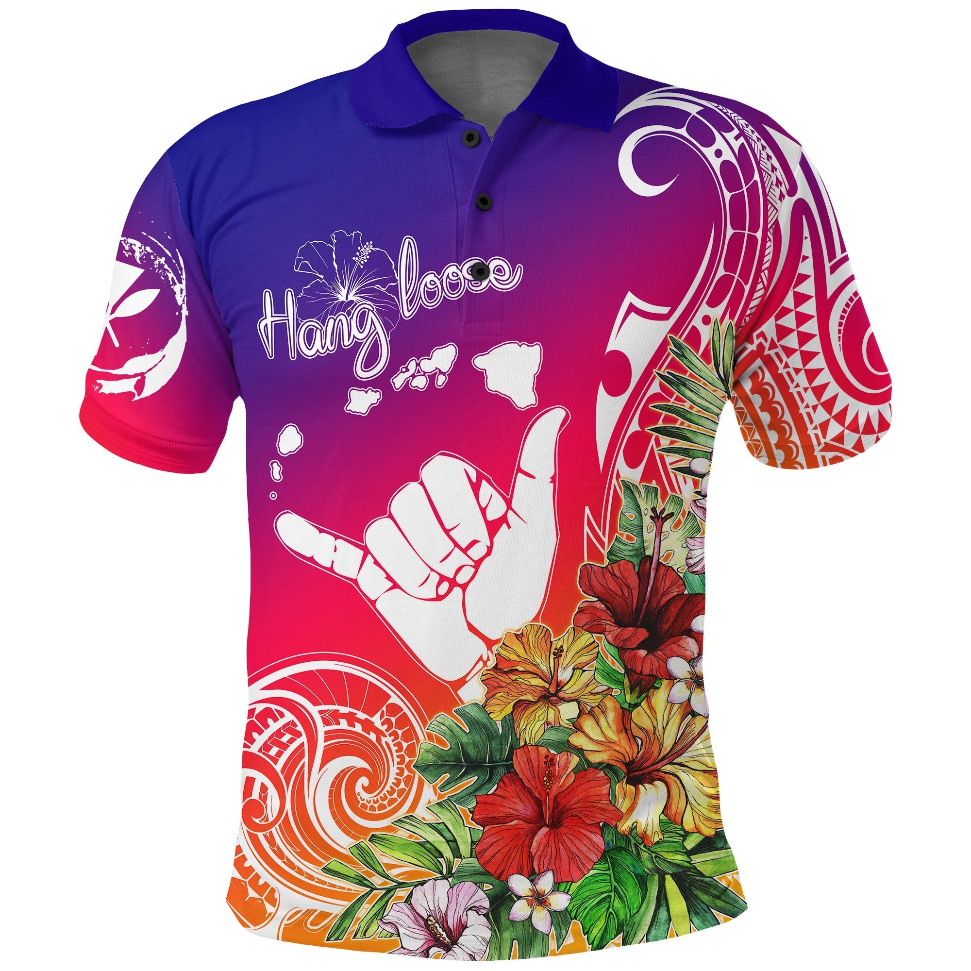 Hawaii Sunset with Hibiscus Polo Shirt Shaka Hang - Wonder Print Shop