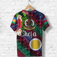 Multicolor 'Shefa' T-shirt back with large text, ring emblem, and figure artwork