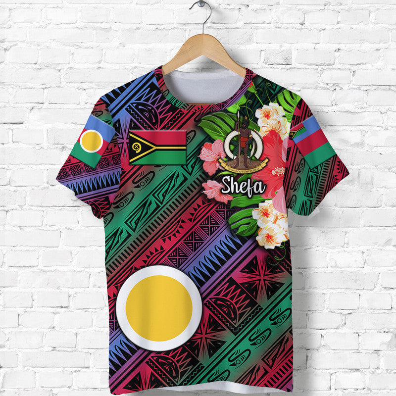 Multicolor 'Shefa' T-shirt front with flowers and tribal shield graphic