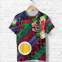 Multicolor 'Shefa' T-shirt front with flowers and tribal shield graphic