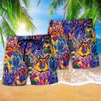 Matching dog-print Hawaiian shorts set, drawstring waist, colorful multicolor