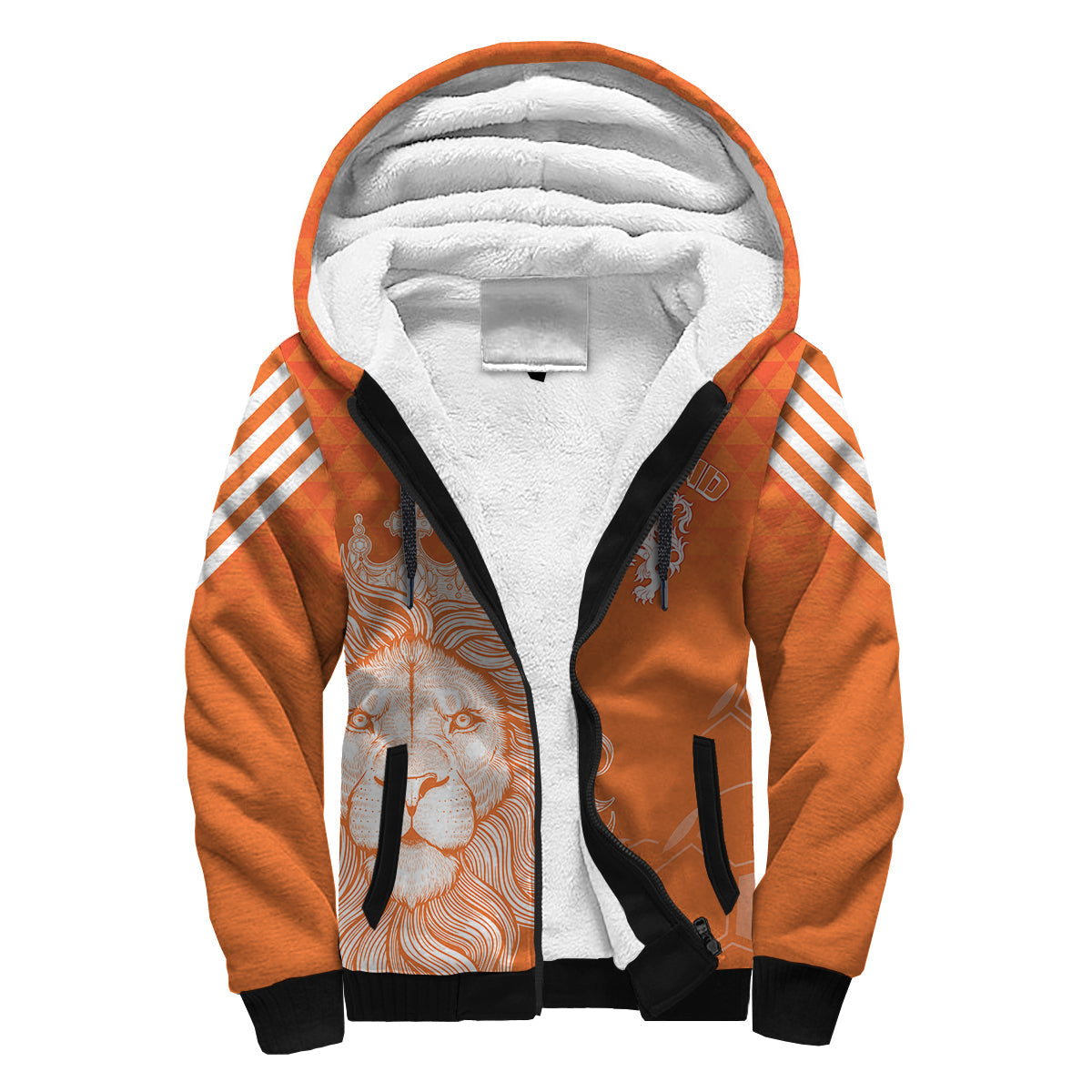 Orange sherpa hoodie with black trim, full-zip front, and lion graphics on chest.