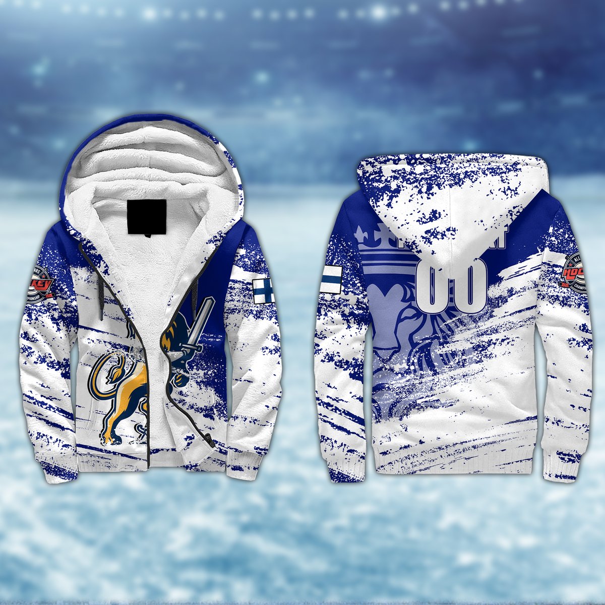 Unisex sherpa hoodie, white with blue splatter hockey graphic, pullover hood