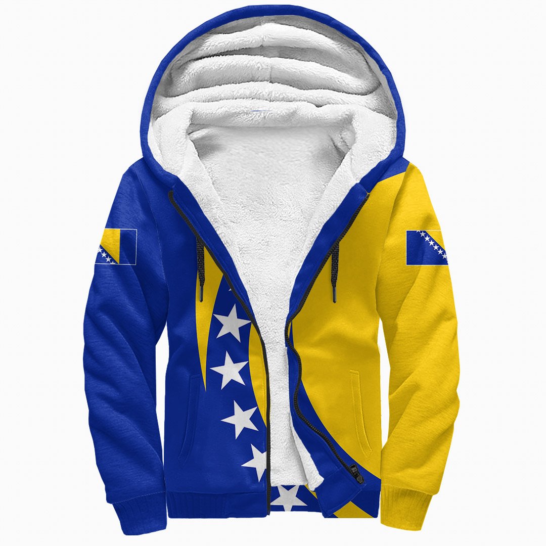 Unisex sherpa zip hoodie with hood, Bosnia half-circle flag artwork, blue/yellow