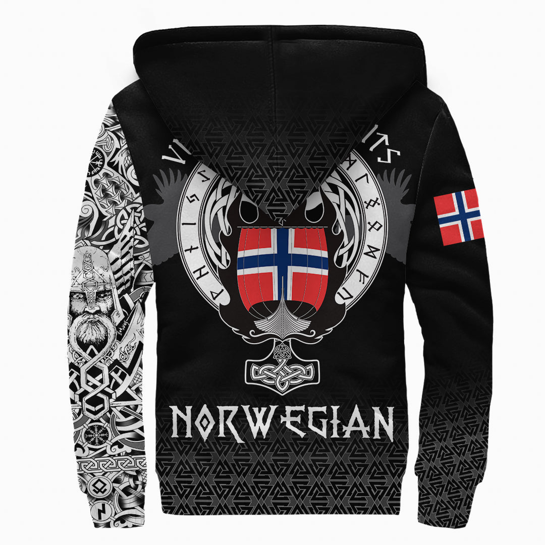 Black unisex sherpa hoodie back print with Norse crest and Norway flag sleeve panel