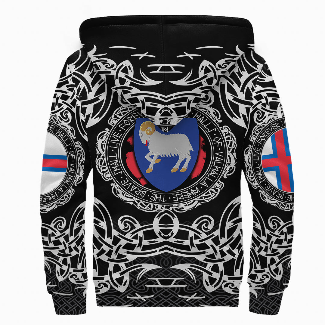 Black sherpa hoodie back with large Viking shield graphic and patterned sleeves, full-zip hood
