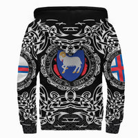 Black sherpa hoodie back with large Viking shield graphic and patterned sleeves, full-zip hood