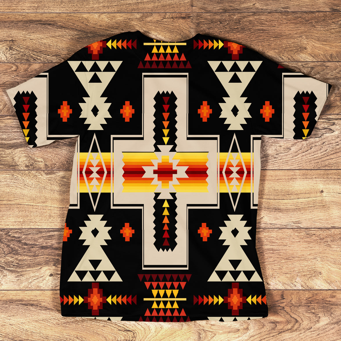 Black Native American geometric graphic T-shirt with multicolor symbols, short sleeves