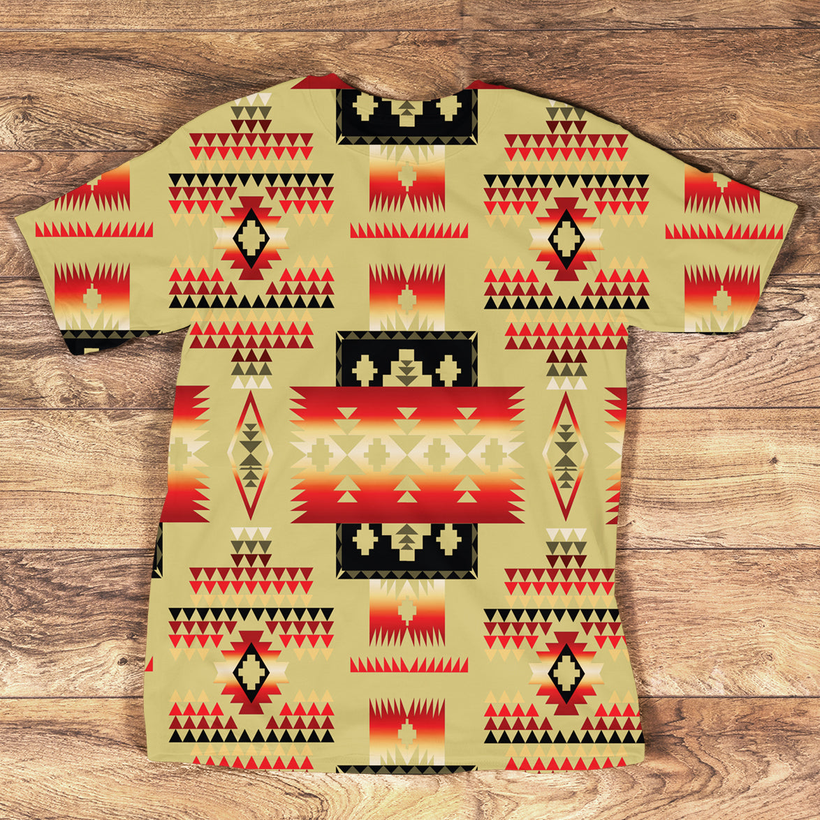Multicolor Native-inspired all-over tribal pattern T-shirt on light tan base