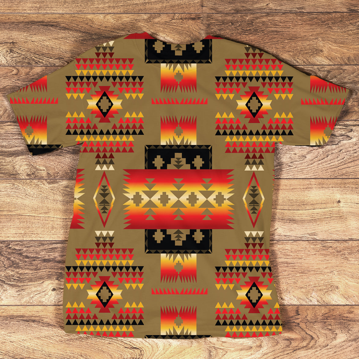 Tribal Native American geometric T-shirt in dark brown with red, yellow, and black patterns