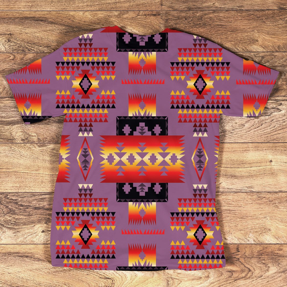 Purple native-inspired all-over print T-shirt with geometric diamonds and cross motifs