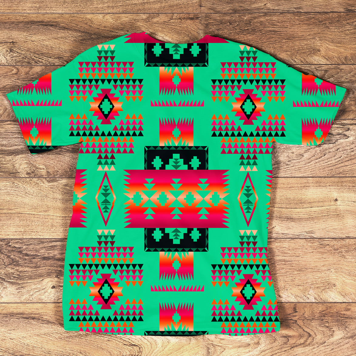 Light green all-over tribal geometric T-shirt with multicolor Native-inspired pattern