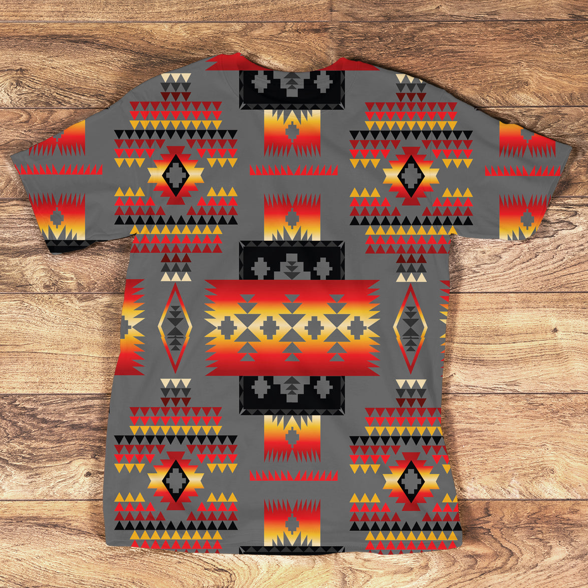 Multicolor tribal geometric all-over T-shirt, gray base, short-sleeve crew neck