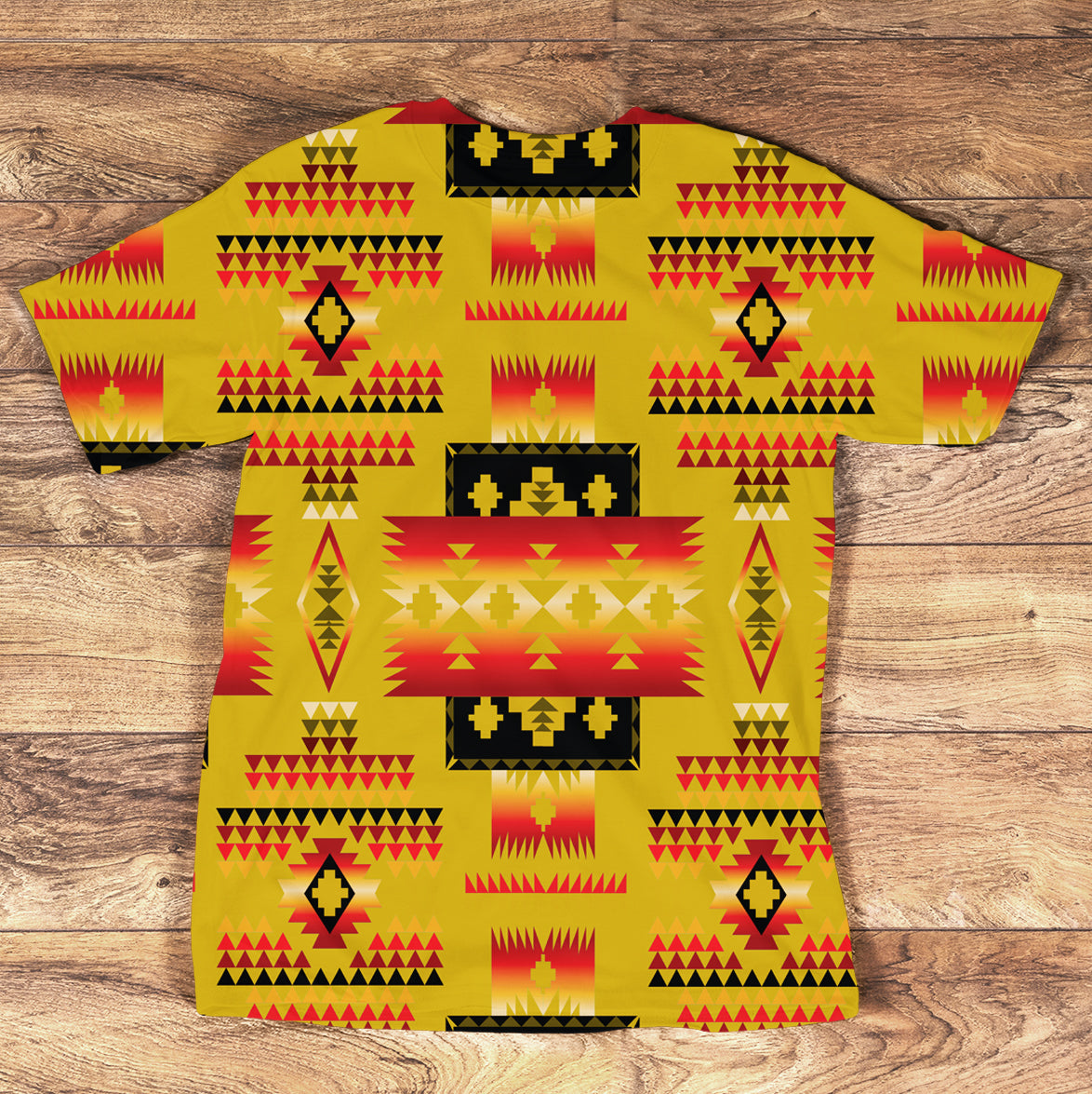Yellow multicolor Native American style all-over graphic T-shirt with bold geometric bands