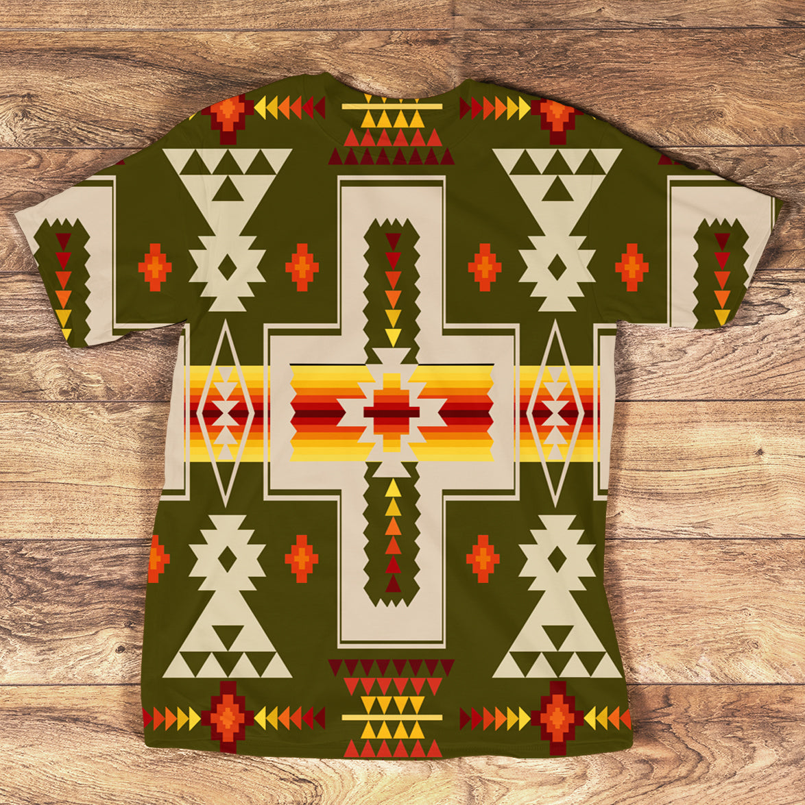 Dark green T-shirt with multicolor tribal geometric native American print