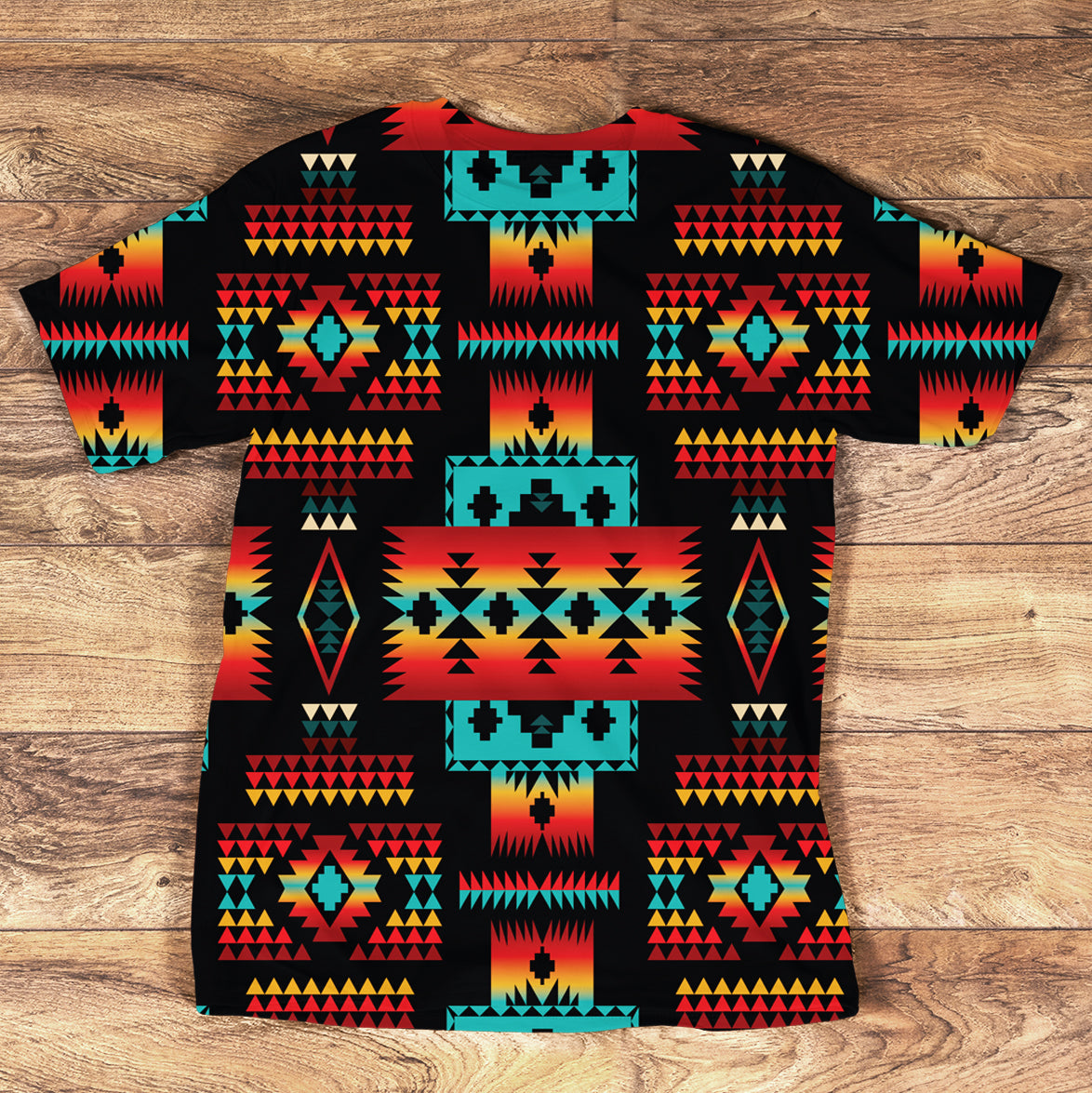 Multicolor native-style all-over print T-shirt on dark navy base