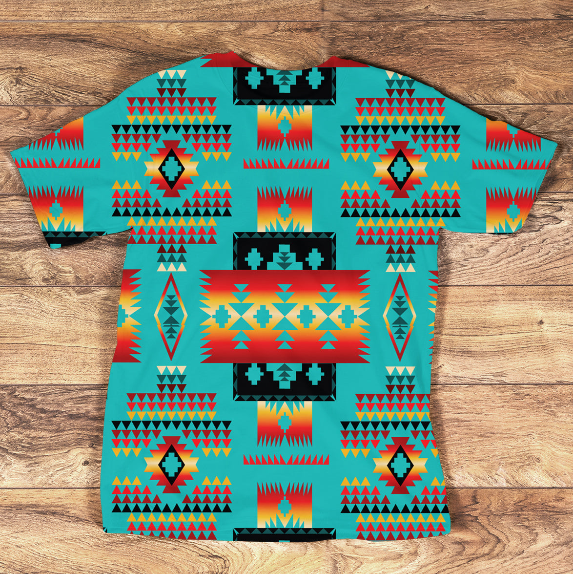 Multicolor Native American style graphic T-shirt with bold geometric bandana pattern