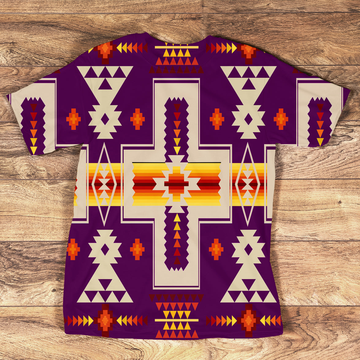 Purple all-over Native American geometric graphic T-shirt with bold multicolor patterns