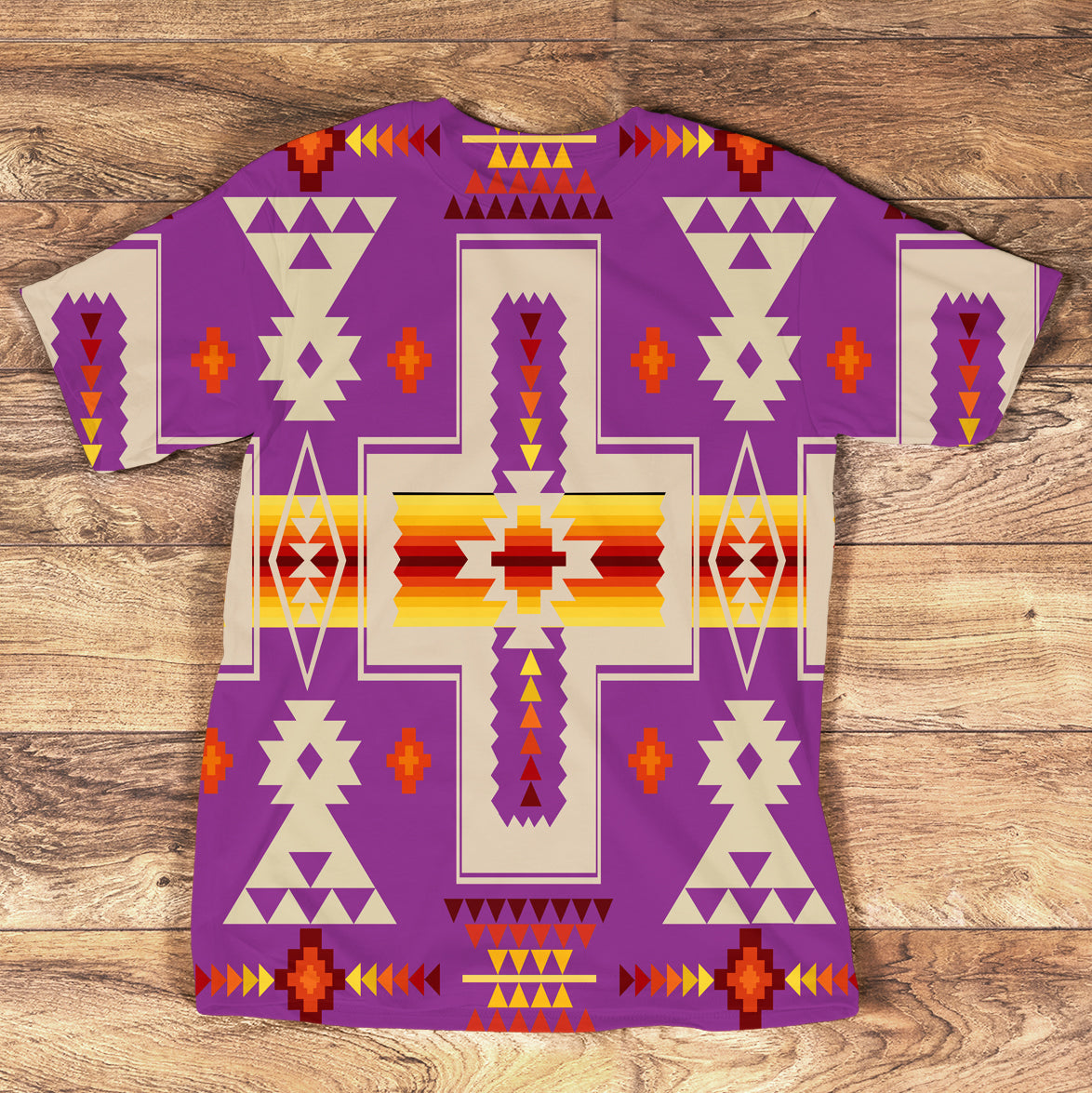 Light purple all-over tribal geometric T-shirt with multicolor Native American pattern