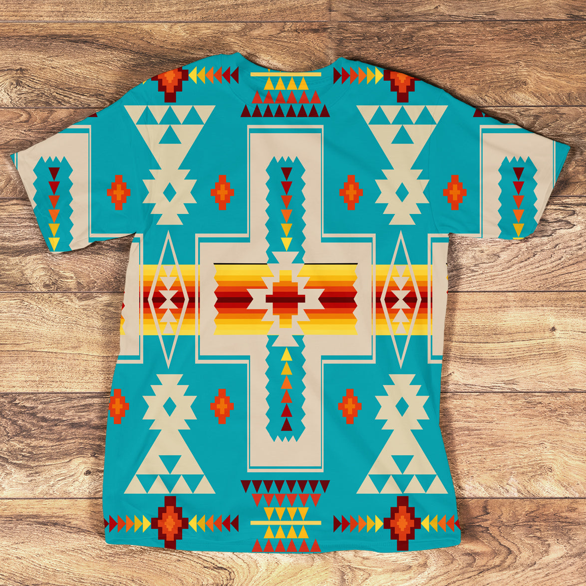 Turquoise Native American all-over geometric T-shirt with multicolor tribal pattern
