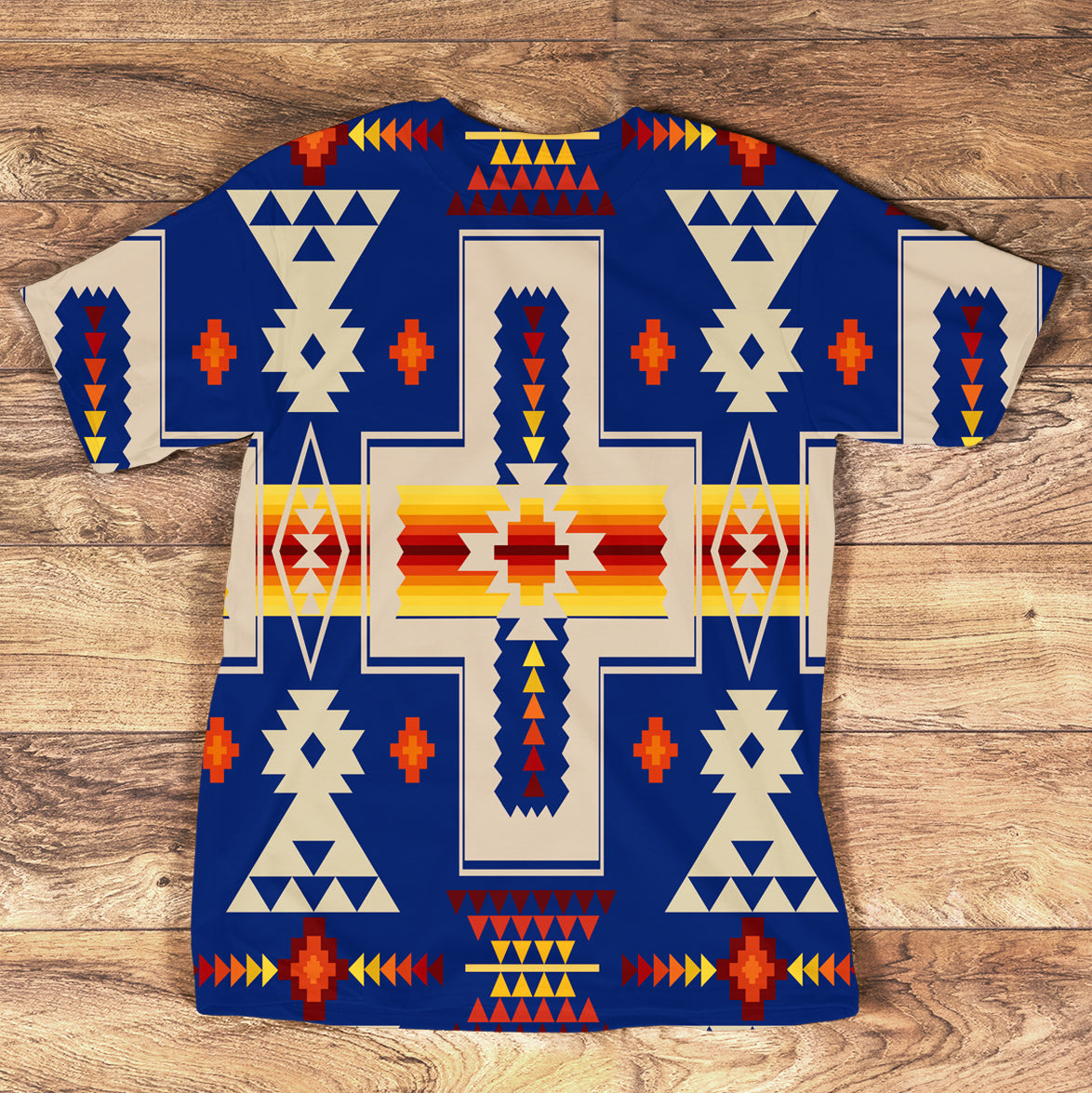 Navy all-over tribal graphic T-shirt, geometric Native American style in red/yellow/white