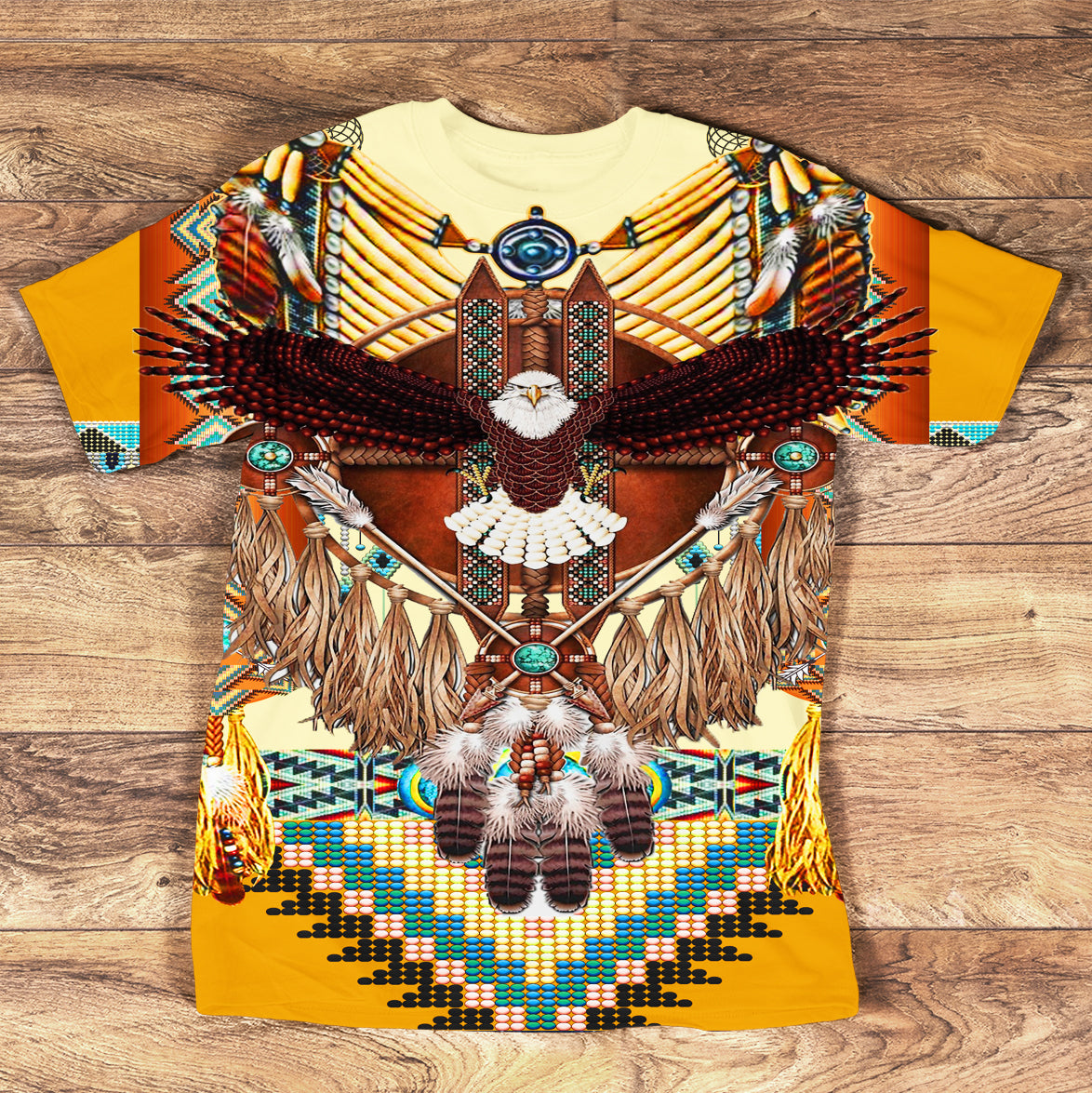 Yellow T-shirt with large multicolor eagle dreamcatcher graphic on front