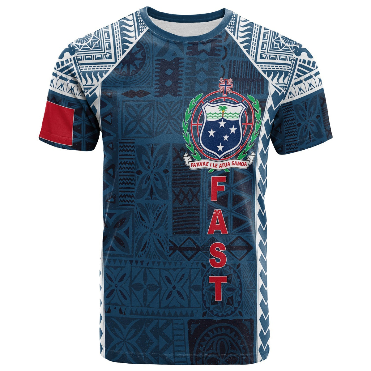 Camiseta azul con patrón tapa samoano, emblema y letras verticales FAST